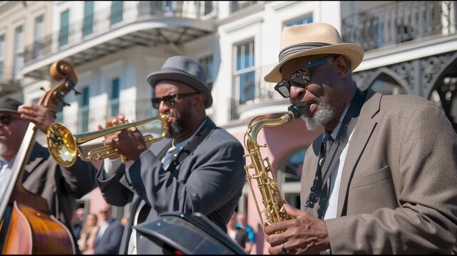 Soulful jazz musician band performance of traditional music on vibrant New Orleans street