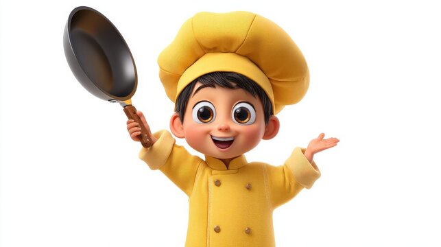 A cartoon boy in a yellow chef hat holding a frying pan. He is smiling. The pan is black
