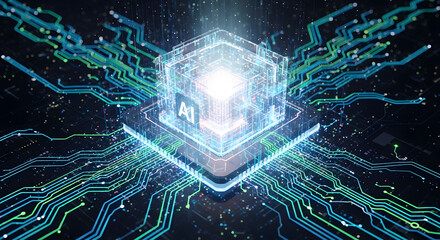 Artificial intelligence chip with intricate circuit patterns radiating from a luminous central core, embodying the complexity and potential of advanced technological innovation in computing
