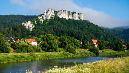 Scenic landscape with a river, village, and imposing rock formations