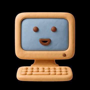 Clay computer with smiling face animation isolated asset, transparent 4K video, alpha channel, ProRes 4444