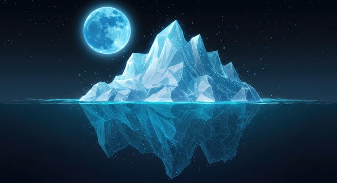 Abstract digital iceberg with underwater part in cold ocean, light blue moon and starry night sky, symbolizing big data in futuristic low-poly wireframe tech style.
 - Powered by Adobe