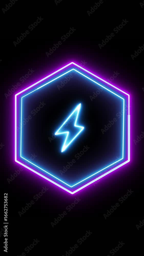 Poster vertical video featuring animated neon hexagon with glowing lightning bolt. animated neon hexagon wi