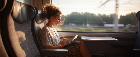 The woman focused on her laptop while traveling on a train during golden hour