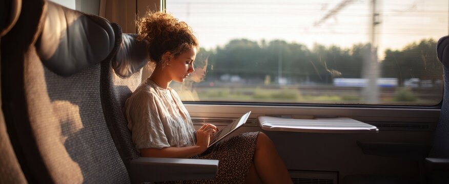The woman focused on her laptop while traveling on a train during golden hour