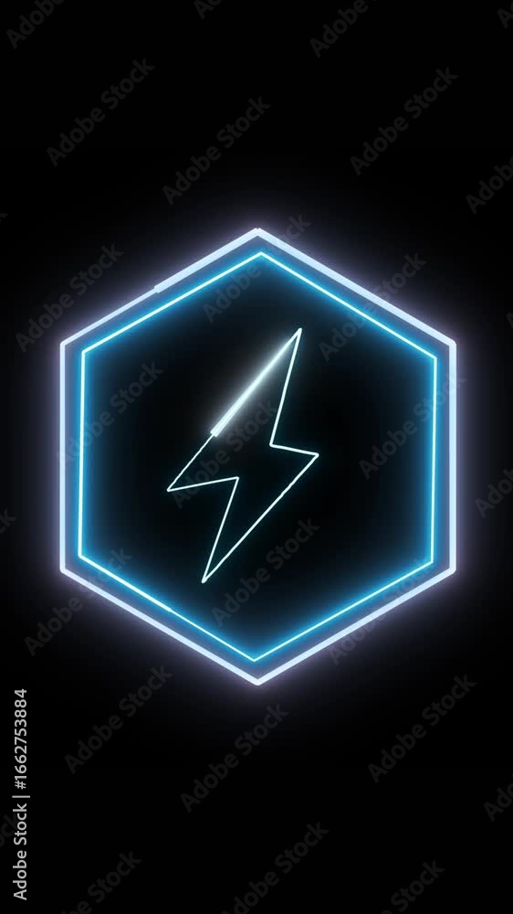 Poster neon hexagon frame with electric lightning bolt symbol in vertical animation. electric neon hexagon 