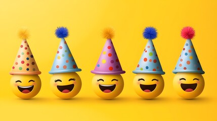 Cheerful Emojis in Party Hats Celebration Illustration