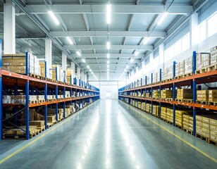 Wide warehouse interior, bright and organized