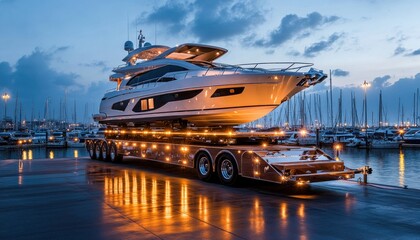 Large yacht being transported on a truck at twilight in a marina