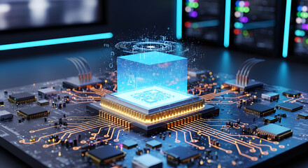 Detailed visualization showcasing an advanced microchip on a complex circuit board with holographic data projections illuminating the future of computing and artificial intelligence