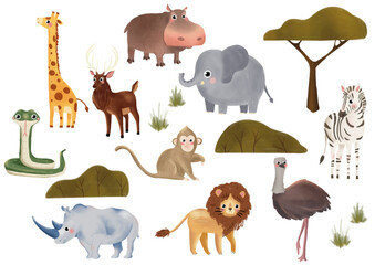 Fototapeta premium Safari animals watercolor illustration for baby nursery and birthday party