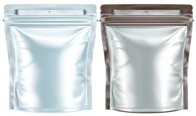 Two identical zippered pouches, one light gray, one dark brown