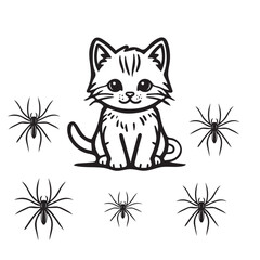 Cute Cartoon Kitten with Spiders Vector Illustration – Animal and Insect Design”