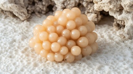 Macro Closeup of a Cluster of Pale Beige Eggs on Textured Surface