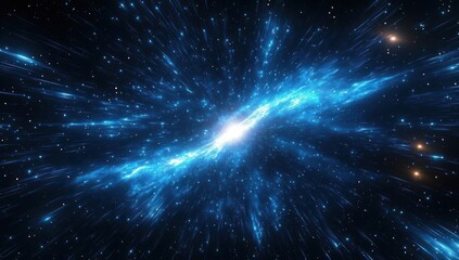 Fototapeta premium Bright radiant blue galaxy with luminous core emitting streaks of light in space full of stars, conveying vastness and cosmic energy