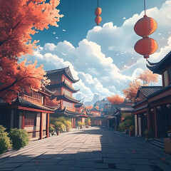 Traditional Asian pagoda temple with autumn landscape and river