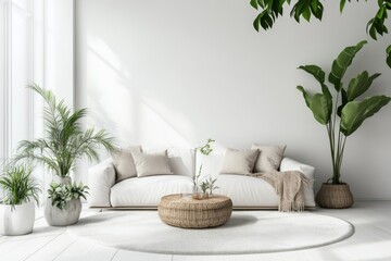 Serene Living Room Design with White Sofa, Plants and a Round Rug, Bathed in Natural Light
