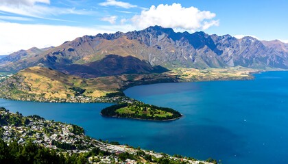 Panoramic view of a lake surrounded by mountains