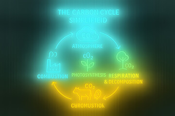 Neon Carbon Cycle Diagram with Atmospheric Exchange and Ecosystem Flow for Environmental Science