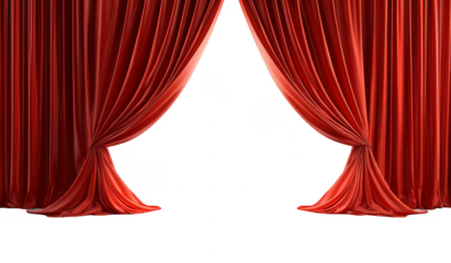 Red stage curtains are gracefully opening, ready for an exciting performance on the stage.