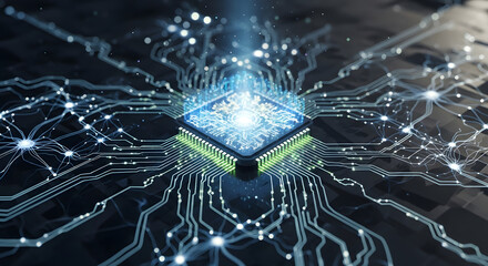 Illuminated Microchip Circuitry: A Vision of Data Processing Power and Seamless Connectivity in Modern Technological Advancement within Artificial Intelligence