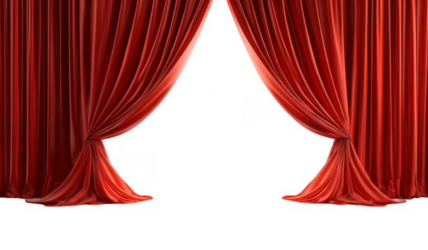 Red stage curtains are gracefully opening, ready for an exciting performance on the stage.