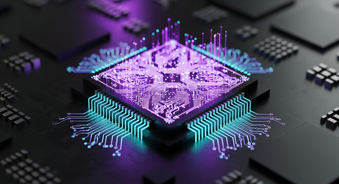 Advanced microchip with glowing circuit patterns, representing the power of modern computing and technological advancements in data processing and integrated systems capabilities