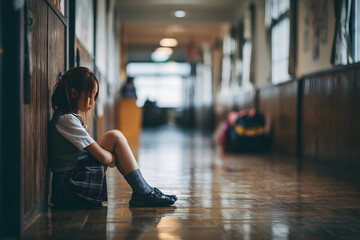 Sad schoolgirl sits alone on the floor of a school corridor, reflecting on bullying experiences during the International Day Against Violence