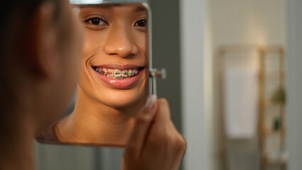 Young asian female smiling in mirror wearing braces