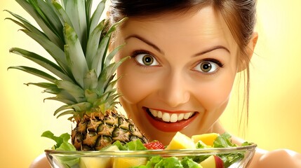 Smiling Woman Holding Delicious Fruit Salad with Pineapple