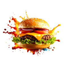 Exploding Burger with Beef, Cheese, and Vegetables on Transparent Background 