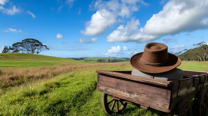 Rustic Wooden Cart in Scenic Farmland with Brown Hat