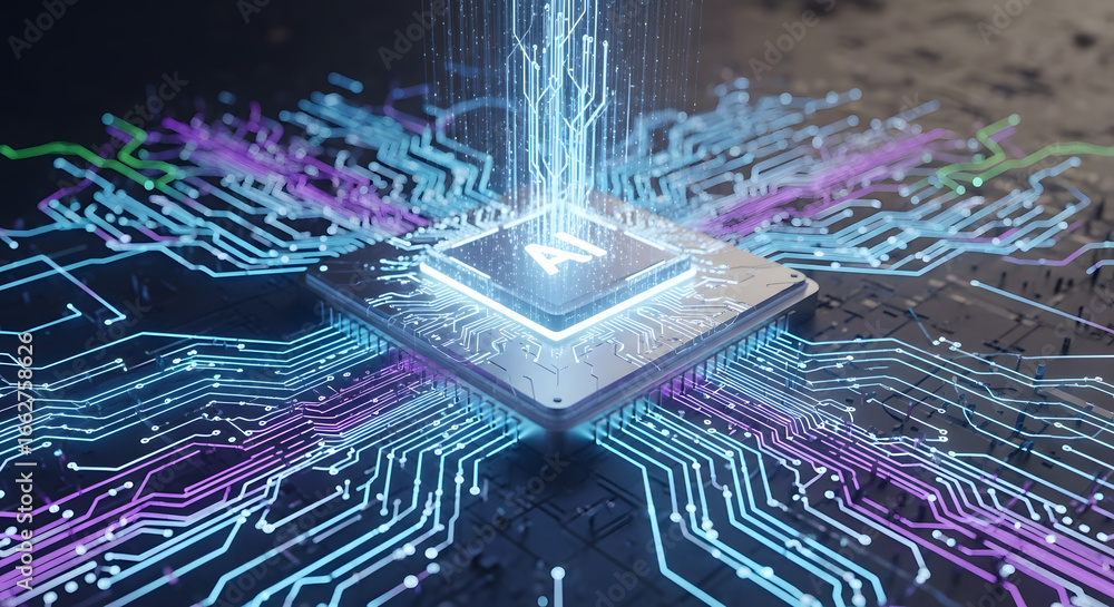 Poster depiction of a high-tech central processing unit with an illuminated 