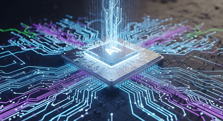 Depiction of a high-tech central processing unit with an illuminated "AI" inscription, symbolizing the power of artificial intelligence in modern technology and future advancements showcasing