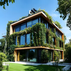 Modern eco-friendly house with vertical garden and rooftop greenery in sunny nature landscape
