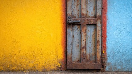 Naklejka premium Weathered Door Against Brightly Colored Textured Wall Background