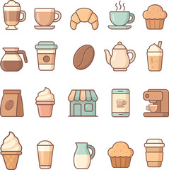 Flat Pastel Food and Beverage Icon Set with Shadow and Highlight