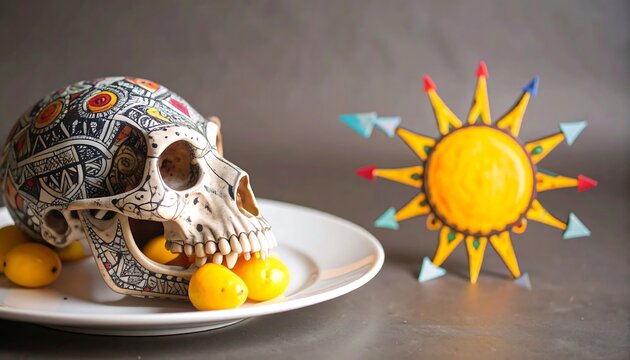 Decorated skull with fruit and sun artwork