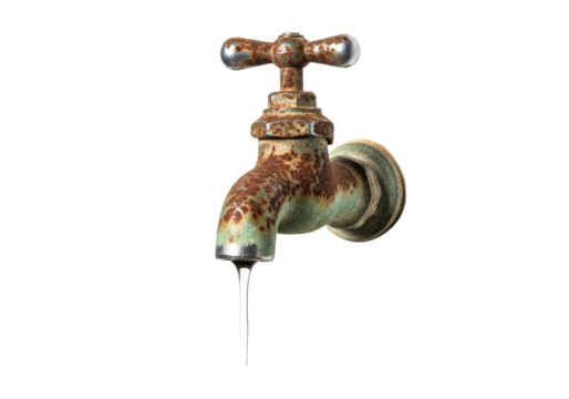 Old rusty water faucet with running water isolated on a white background
