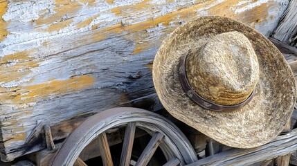 Vintage Cowboy Hat on Old Wooden Wagon Wheel
