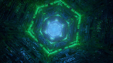 Hexagonal portal outlined with glowing green and blue neon featuring holographic grid textures in a futuristic style