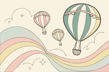 Obraz premium Whimsical hot air balloons float through a pastel sky with rainbow waves