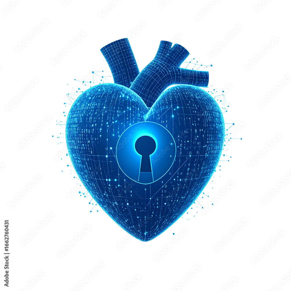 Poster digital heart with glowing blue circuits and a secure lock symbol, representing data protection and 