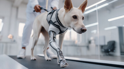 Futuristic prosthetic dog close up for modern veterinary design