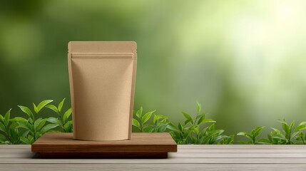 Brown Packaging Bag on Wooden Stand with Greenery in Background