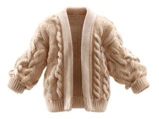 Side view of children’s cream cable-knit cardigan isolated on transparent background PNG