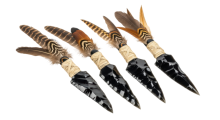 Obsidian arrowheads with feather decorations isolated on a white background
