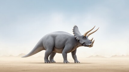 Fototapeta premium Realistic Triceratops Dinosaur Model in Desert Landscape Setup