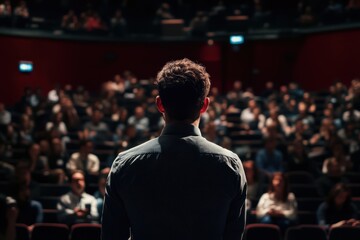 Rear View of a Public Speaker Addressing an Audience in a Theater Setting