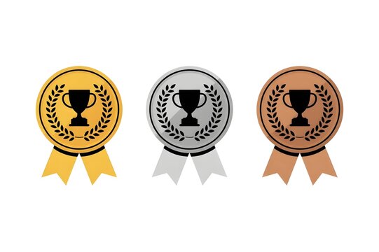 Gold, silver, bronze award badge set with trophy on white background – generative AI